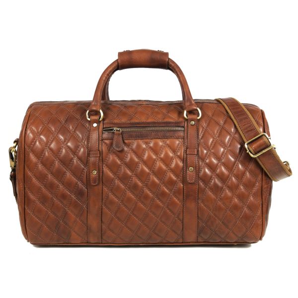 Spokane Diamond Stitched Leather Texture Weekender Bag - Shiny Brown