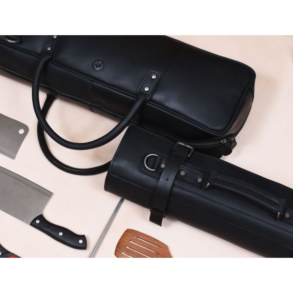 Tuscania Leather Knife Roll & Bag Combo - Raven Black
