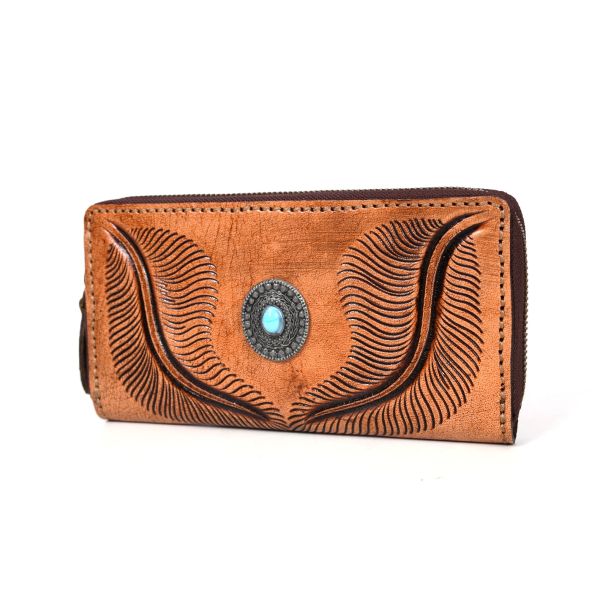 Paso  Hand Tooled Leather Clutch - Caramel Brown