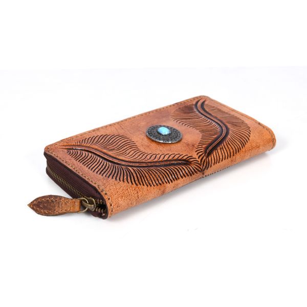 Paso  Hand Tooled Leather Clutch - Caramel Brown