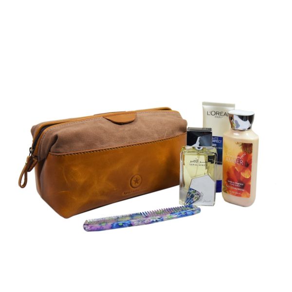 Valencia Canvas Leather Toiletry Bag - Caramel Brown
