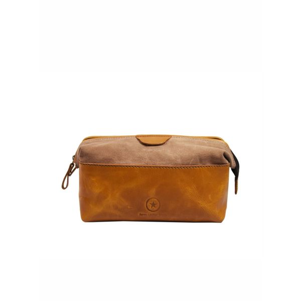 Valencia Canvas Leather Toiletry Bag - Caramel Brown
