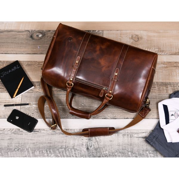 Taranto Leather Weekender Bag  - Penny Brown