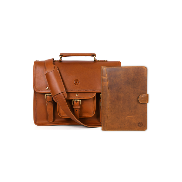 Aaron Leather Goods leather Briefcase & Organizer Combo- Brown 