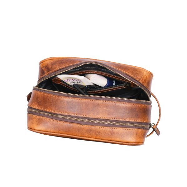 Tampa Leather Toiletry Bag - Caramel Brown