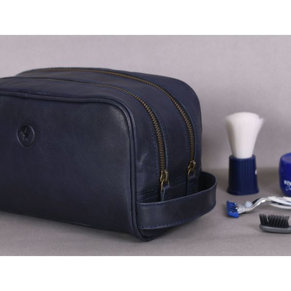 Tampa Leather Toiletry Bag - Navy Blue