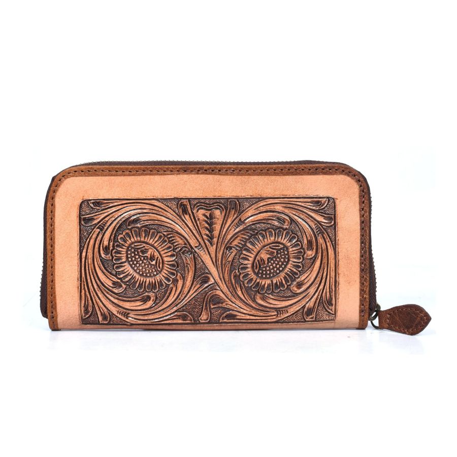Limoges Hand Tooled Leather Clutch - Caramel Brown
